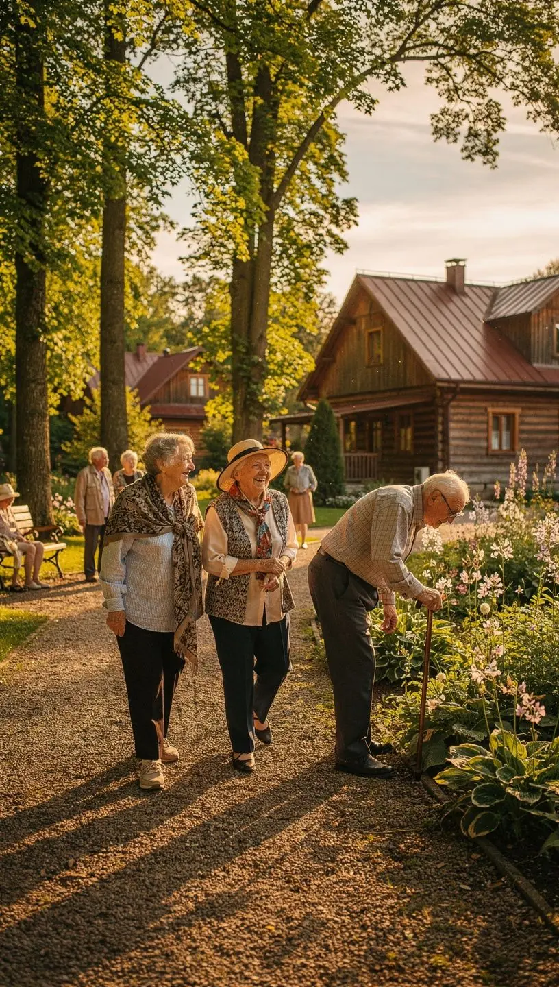 Vyresnio amžiaus žmonių grupė, dalyvaujanti kultūrinėje veikloje sanatorijoje.