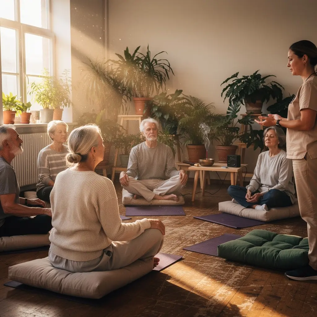 Senjorai, mėgaujasi sveikatingumo programa gamtoje.